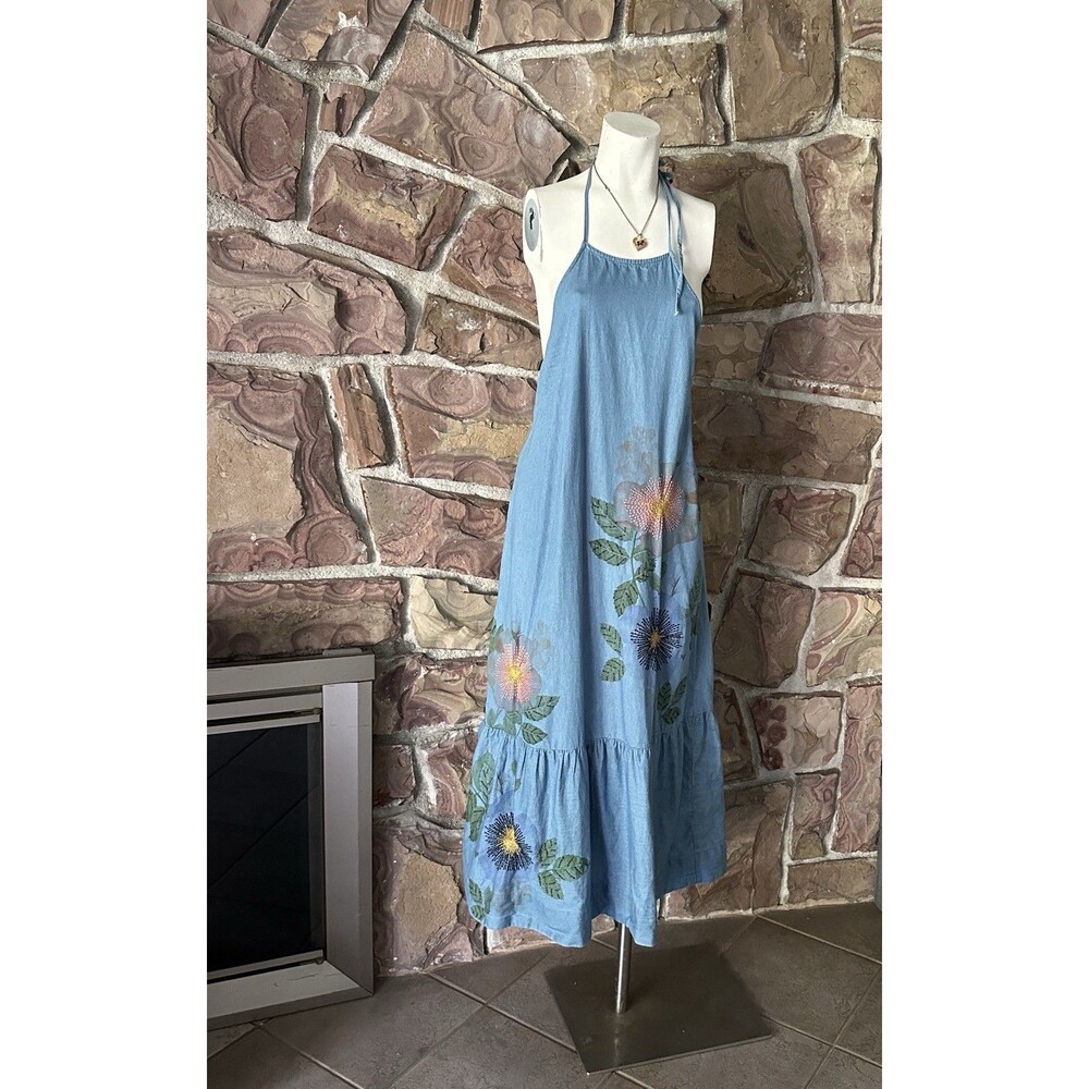 Anthropologie Pilcro Chambray Halter Embroidered Denim Midi Dress.  S EUC - Picture 5 of 13